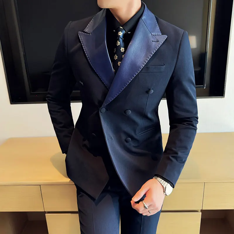 

2025 Autumn PU Splicing Suit Set Men Suit Vest Trousers 3 Piece Set Wedding Groom Office Work Party Prom Business Casual Suits