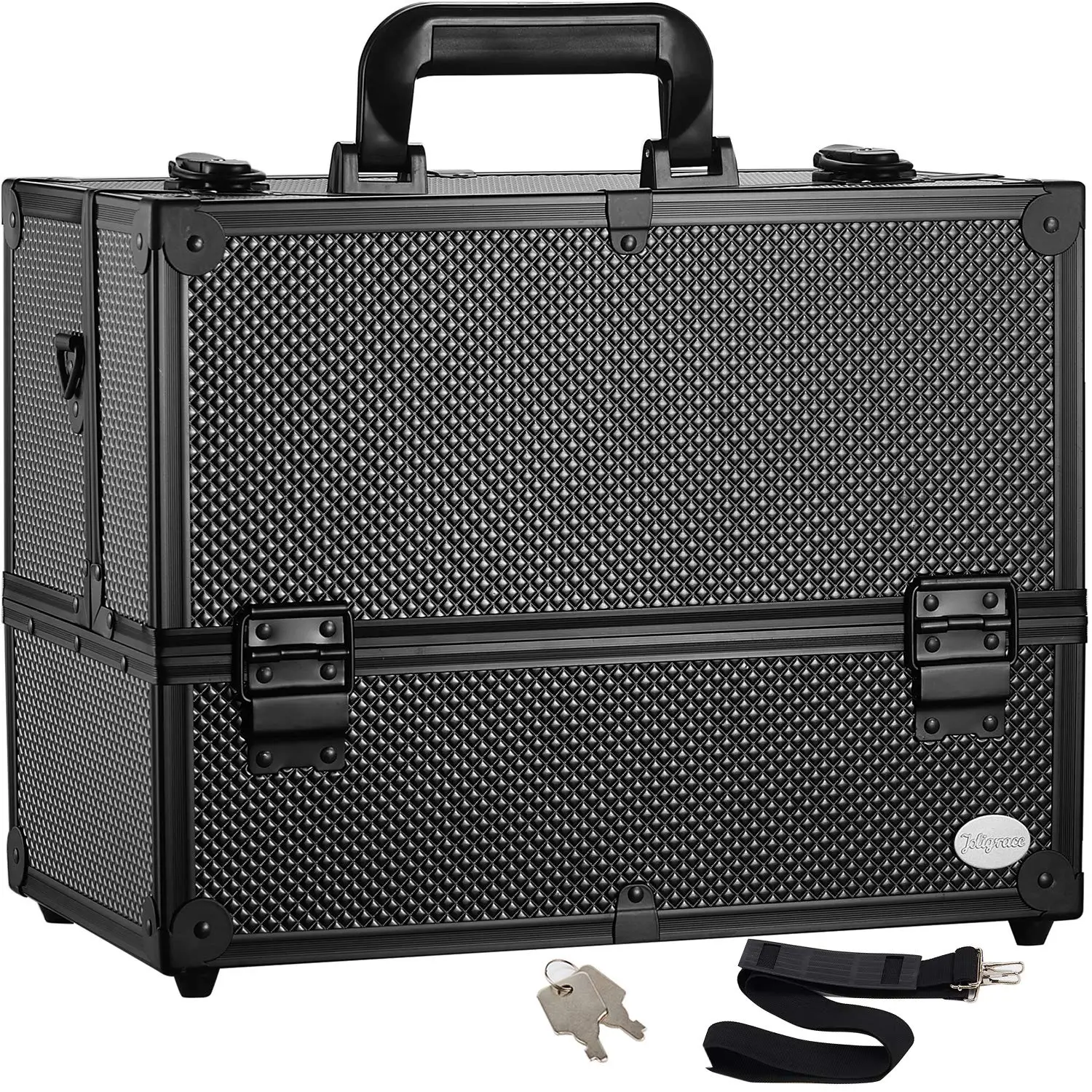 

Professional Adjustable Makeup Train Case with 6 Trays, Lock, and Compartments, 14 Inch Large Black