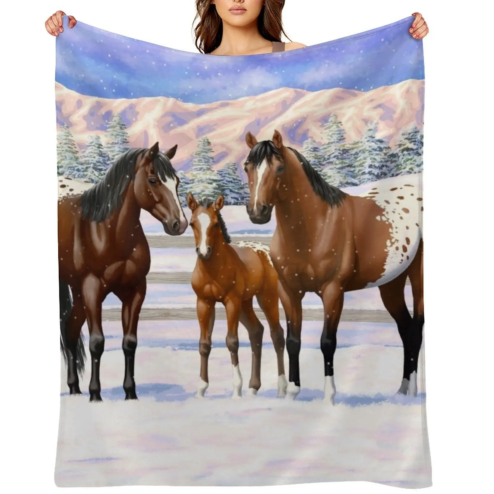 Bay Appaloosa Quarter Horses In Winter Snow Throw Blanket manga Hair Thermal sofa bed Bed Fashionable Bed covers Blankets