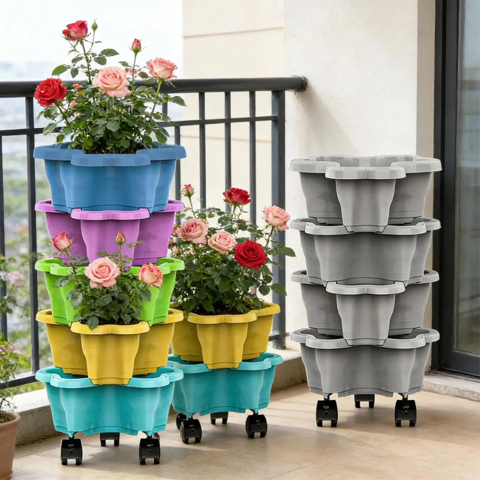 Vertical Tower Stackable FlowerPot Plastic with Movable Casters Flower Pot Multi-layer Strawberry Planter Tower Home Garden