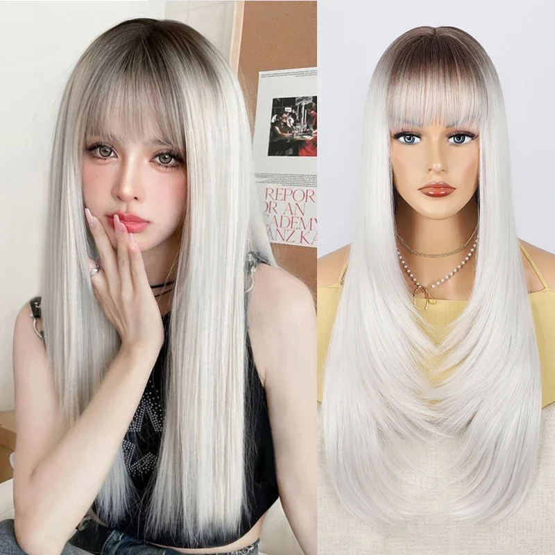 White Layered Wigs for Women Long Natural Straight Wig with Bangs Black Synthetic Heat Resistant Fake Hair Cosplay Wig Lolita