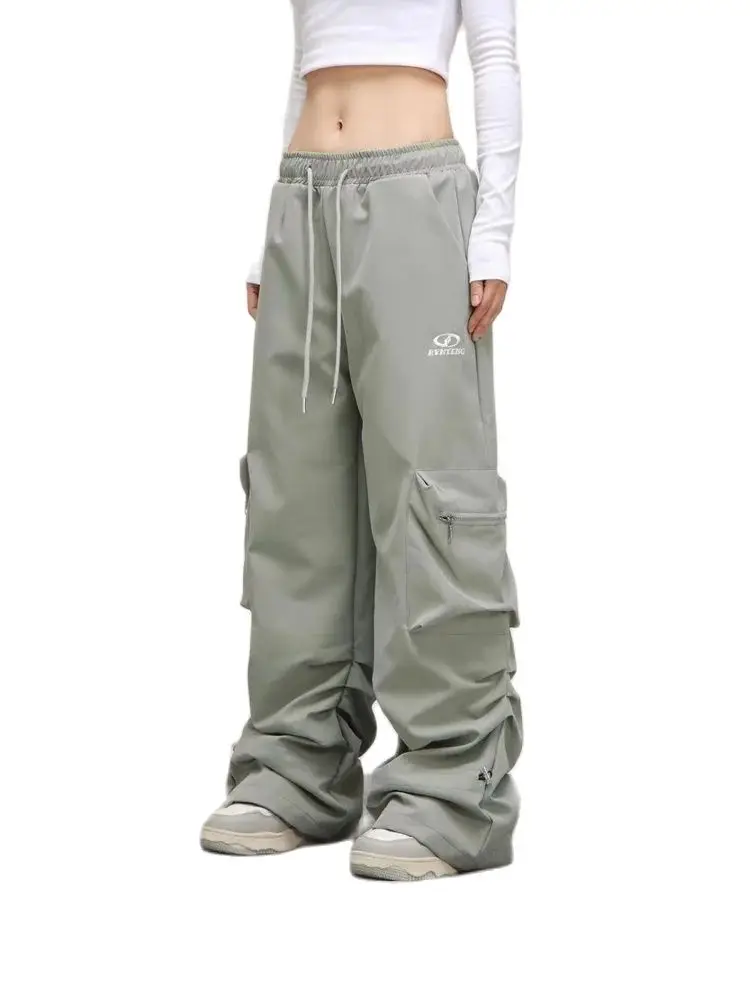 Y2K Kpop Cargo Pant Women Drawstring Pockets Wide Leg Chic Punk Pants Baggy Striped Sports Sweatpants Parachute Jogger Trousers