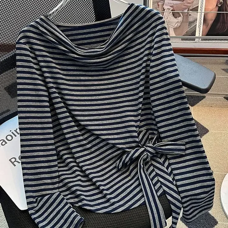 New Women's Casual Irregular Swing Collar Striped Long Sleeve T-shirt For Spring And Autumn, Can Be Worn As Inner Or Outer Layer