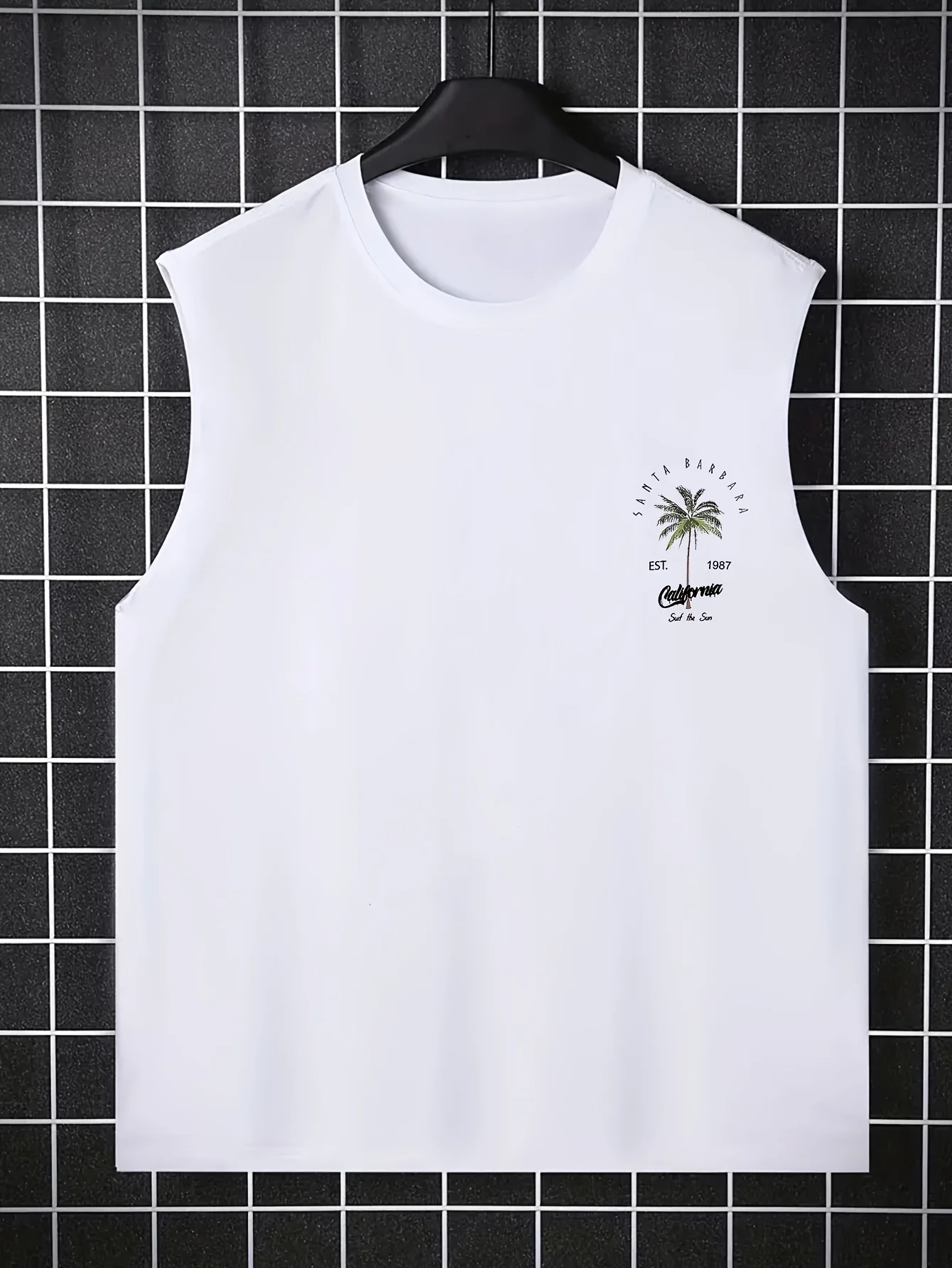 100% cotton men's summer coconut tree letter print loose casual sports comfortable breathable round neck sleeveless vest