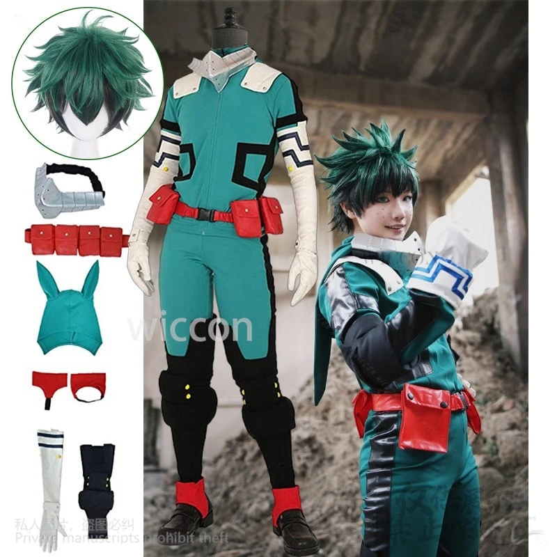 Anime meu midoriya herói izuku academia deku cosplay traje uniforme batalha terno saco peruca conjunto cabelo festa de halloween cos roleplay