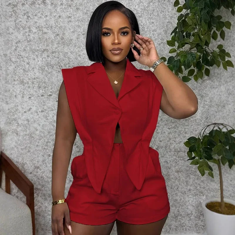 Solid Casual Short Sets Woman 2 Piece Set Outfit Streetwear Sleeveless Single Button Irregular Top + Shorts New in Matching Sets