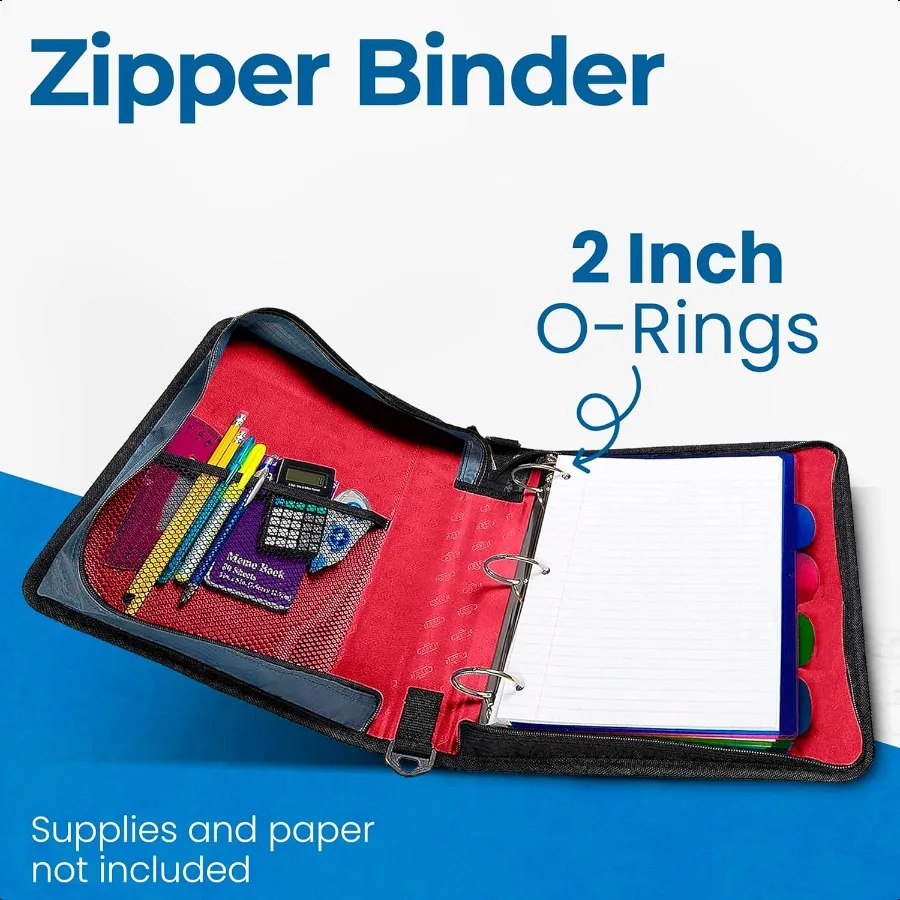 Raccoglitore classico con cerniera Orings da 2 pollici Capacità di 350 fogli Tasche portaoggetti multiple Tracolla Organizzatore per ufficio scolastico D251 Fuoco