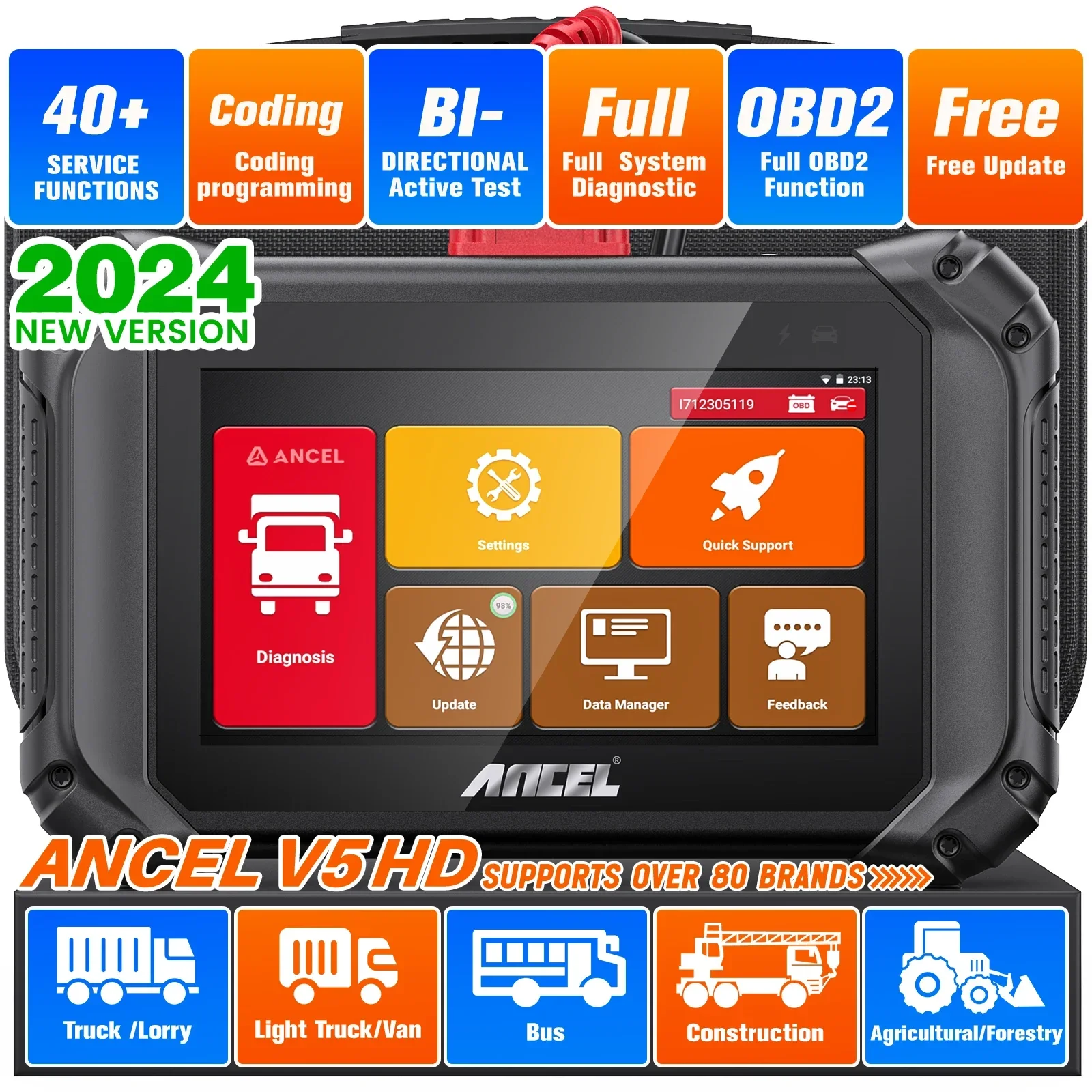 

ANCEL V5 HD 12V 24V Heavy Duty Truck OBD2 Scanner Full System 2024 Diagnostic Tool Wifi Scanner D.PF Regeration ECU Programming