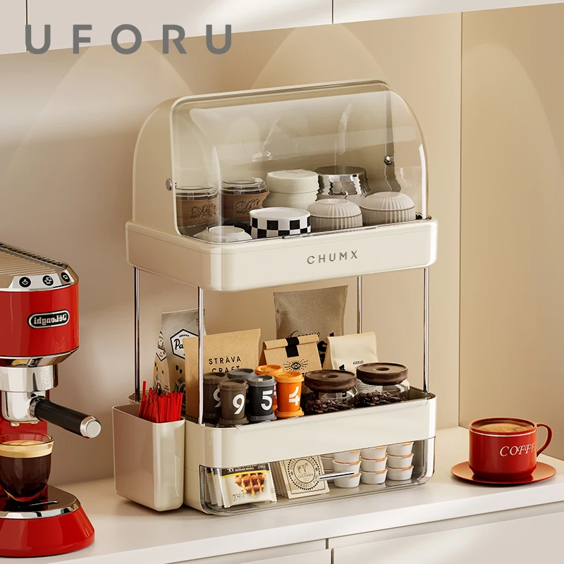 UFORU 360 °   Kaffeebar-Aufbewahrungsregal mit Staubschutzklappe, Große Kapazität Kaffeekapsel-Organizer für die Arbeitsplatte
