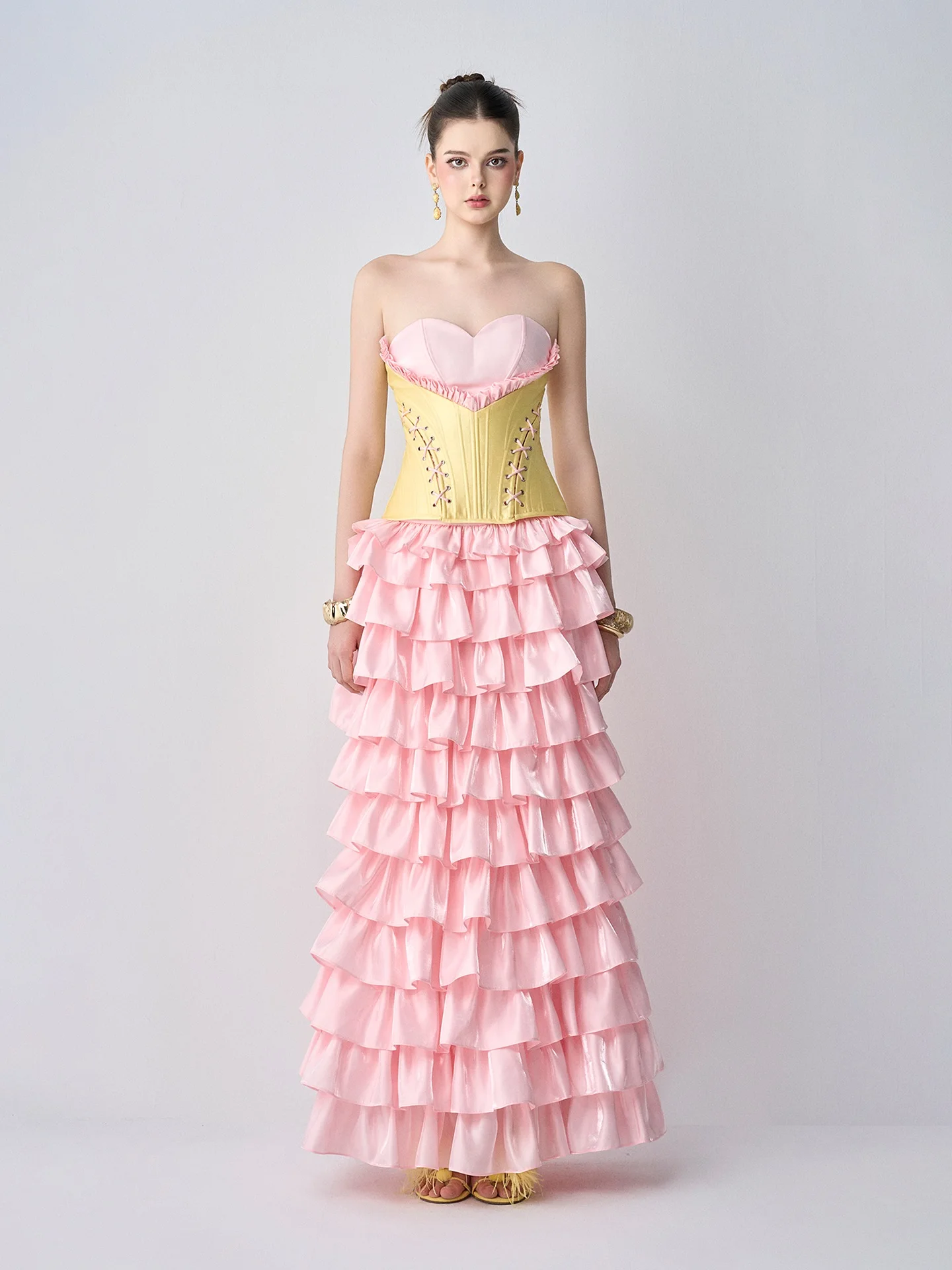 تنورة كعكة متدرجة باللون الوردي - تنانير عالية الخصر على شكل حرف A، تنانير صيفية مكشكشة ذات طبقات، ملابس سهرة أنيقة، تنورة نسائية طويلة بطيات #5