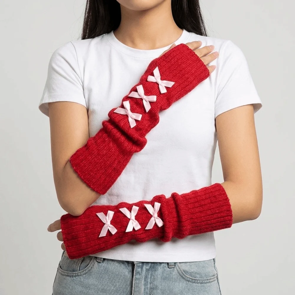 Sweet Slouchy Bow Knitted Arm Warmers Long Windproof Wrist Cuffs Stacked Warm And Comfortable Y2K Fingerless Gloves Autumn
