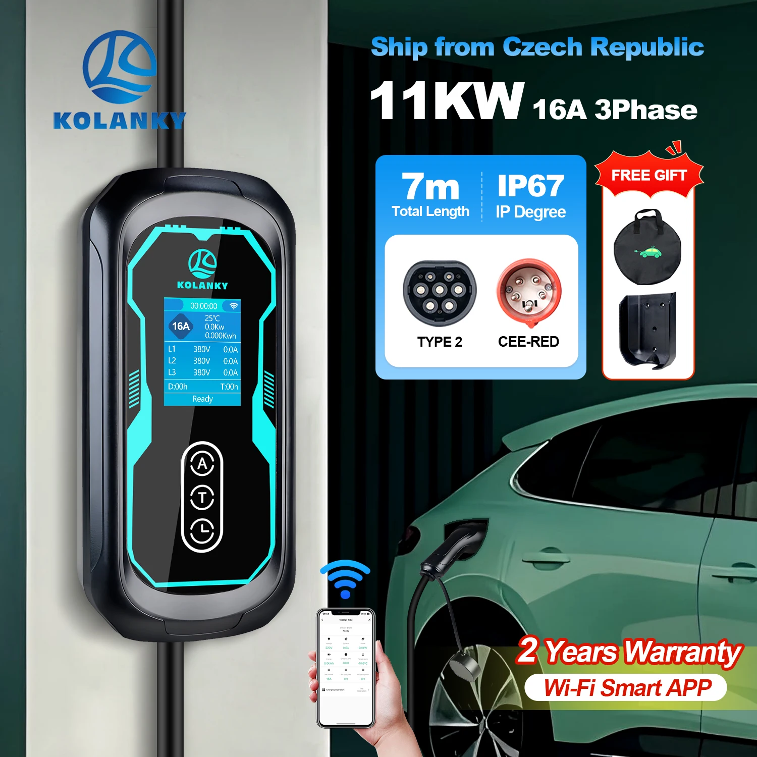 Kolanky – chargeur EV Moible 16a 11kw, Type 2, temporisation, application Tuya, coffret mural, temps de charge, véhicule électrique hybride, longueur totale 7M