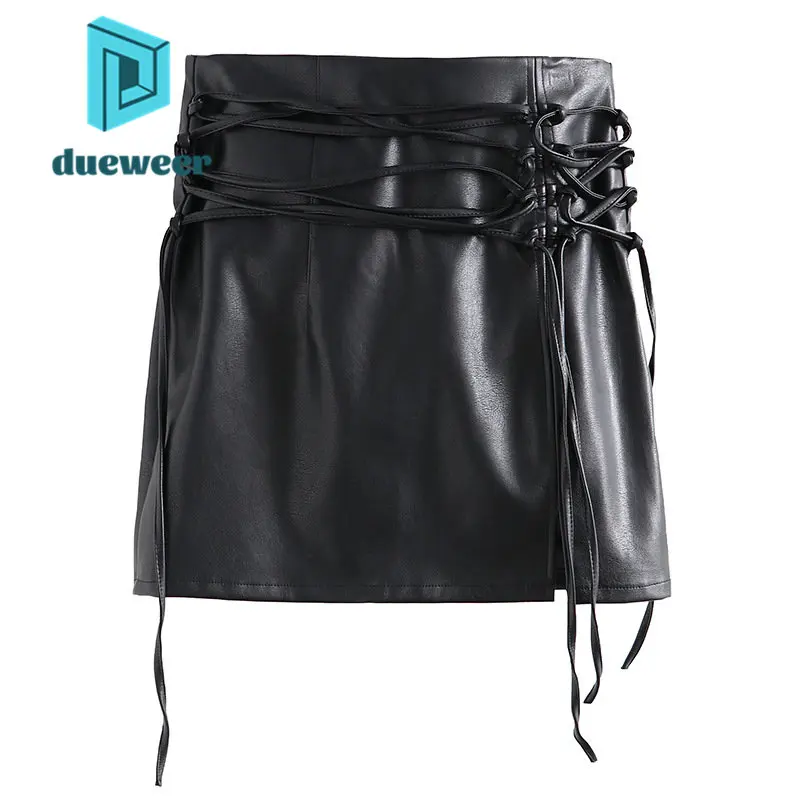 

DUEWEER High Waist Strap Wrap Skirts Women 2022 Fall Split PU Leather Mini Short Skirt Sexy A-Line Skirt Gyaru Gothic Fashion