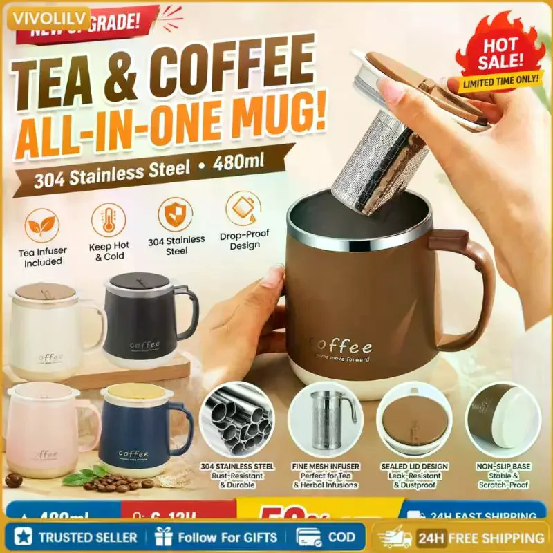 304 Stainless Steel 480ml Insulated Mug With Lid Tea Infuser Drop-Proof Design ForOffice Coffee Gift
