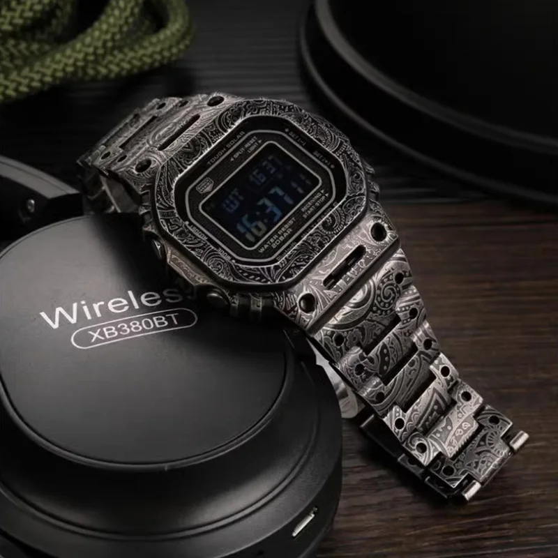 Para casio g-shock dw5600 dw5610 GMW-B5000 paisley conjunto de caixa de relógio pulseira de aço inoxidável refinado metal sólido pulseira unissex