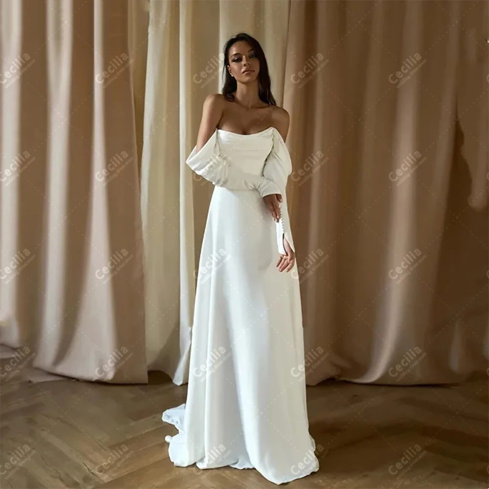 Simple Satin Wedding Dresses A-Line Off The Shoulder Bridal Gowns O-Neck Backless Robes For Formal Party 2024 Vestidos De Novia