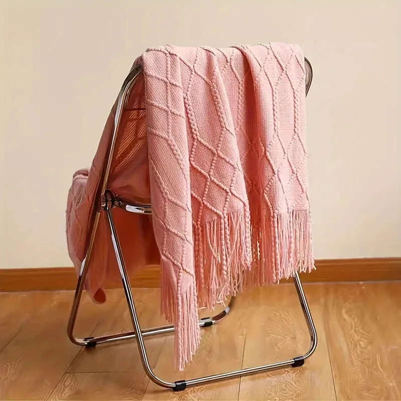 Leichte rosa Überwurfdecke, nordische gestrickte Quasten-Fransendecken, gemütliches Bauernhaus-Geschenk, Komfort für die ganze Saison für Zuhause und Reisen