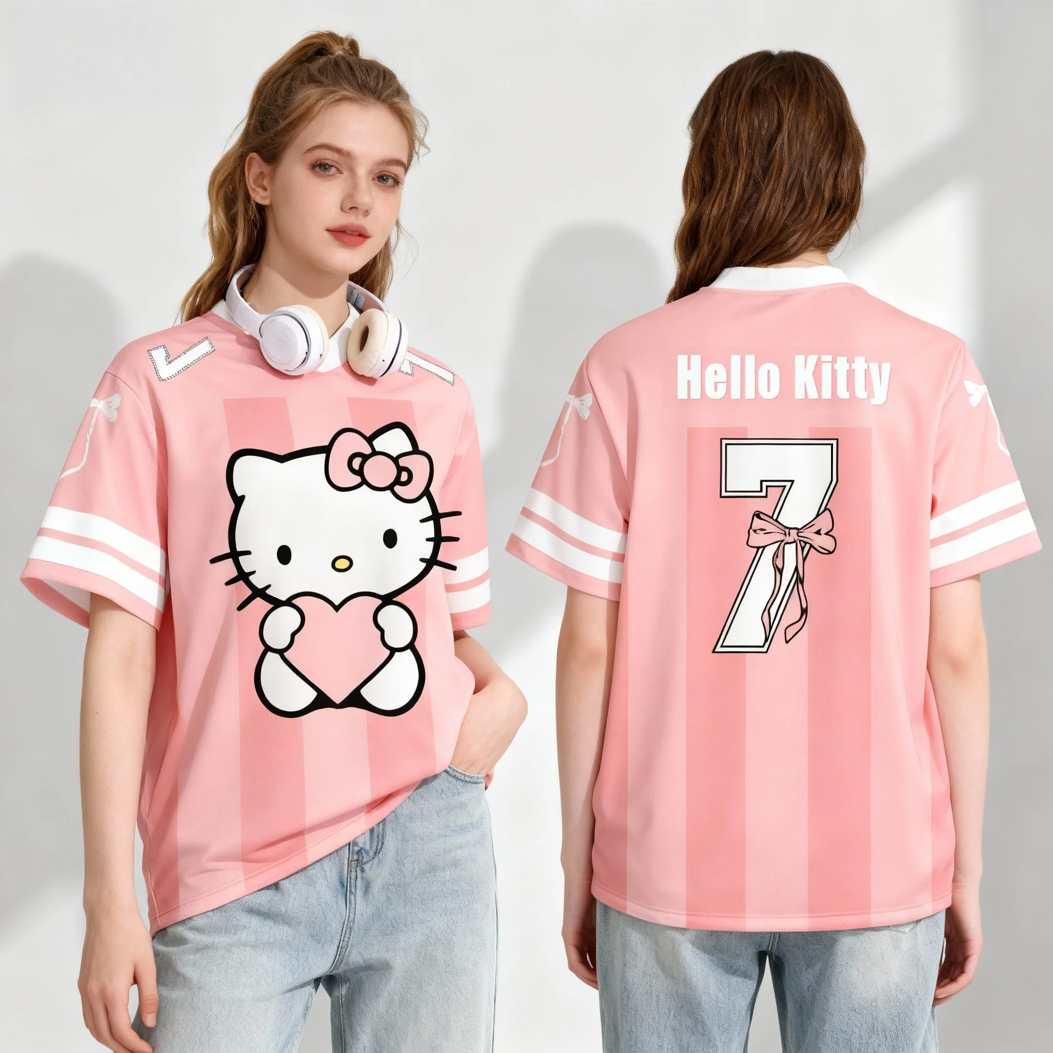 25/26 New Sanrio Hello Kitty No.7 Ball Dress Sweet Cool Summer T-shirt Oversized Women's and Men's Adult Casual Sports T-shirt