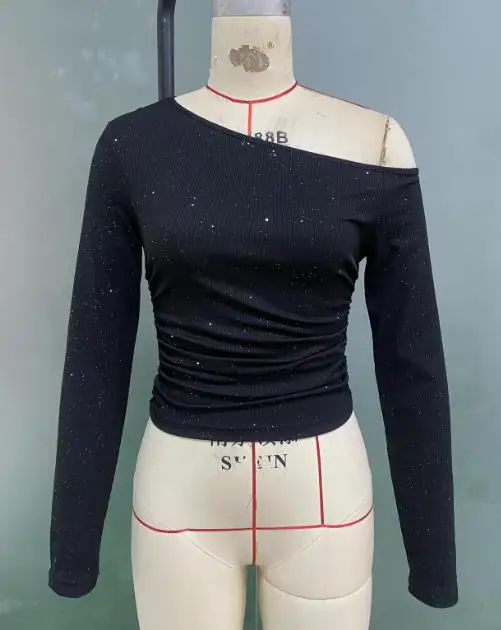 Hot Girl Hot Drilling Sloping Shoulder Long-Sleeve T-Shirt Female 2025 Spring Slim-Fitting Knitted Base Top