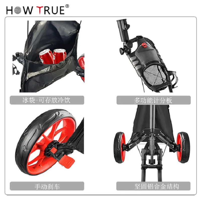 Folding Aluminum Alloy Golf Trolley 4 Wheels Golf Bag Pull Push Cart Umbrella Cup Holder Adjustable Trolley with Footbrake