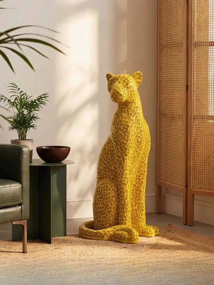 Mosaic Leopard Statue Resin Animal Sculpture Yellow Sitting Cheetah Figurine Luxury Home Living Room Floor Decor Ornament Gift