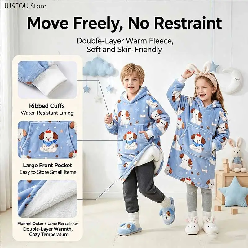 Autumn Winter Flannel Fleece Lined Thick Warm Home Robes, Cartoon Print Sleepwear Kids & Adults Family Hooded Robe