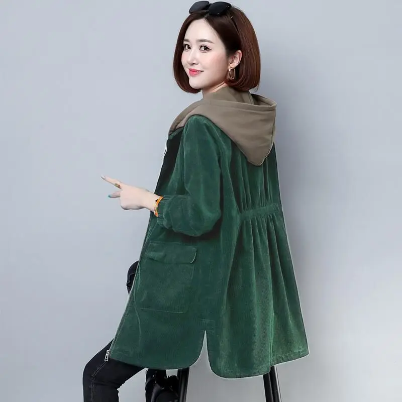 

Corduroy Lining Hooded Jacket Women 2021 Spring Autumn New Plus Size Loose Windbreaker Casual Female Cotton Zipper Long Outwear