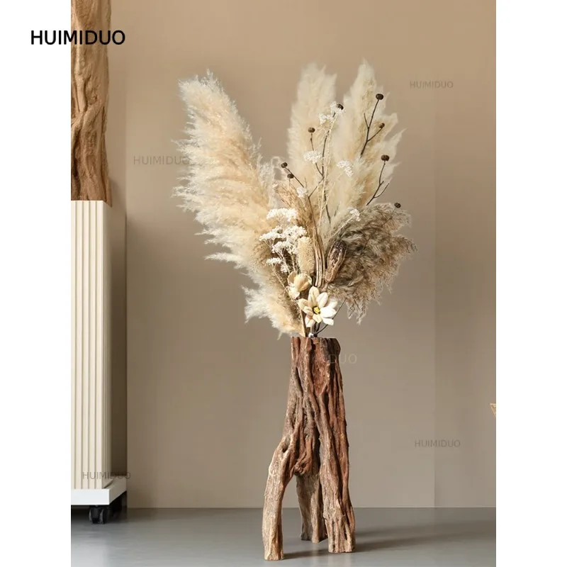 New Chinese-style Zen Wooden Pile Pier Floor-to-ceiling Large Vase Dried Flower Bouquet Wabi-**** Tea Room Space Decoration Orna