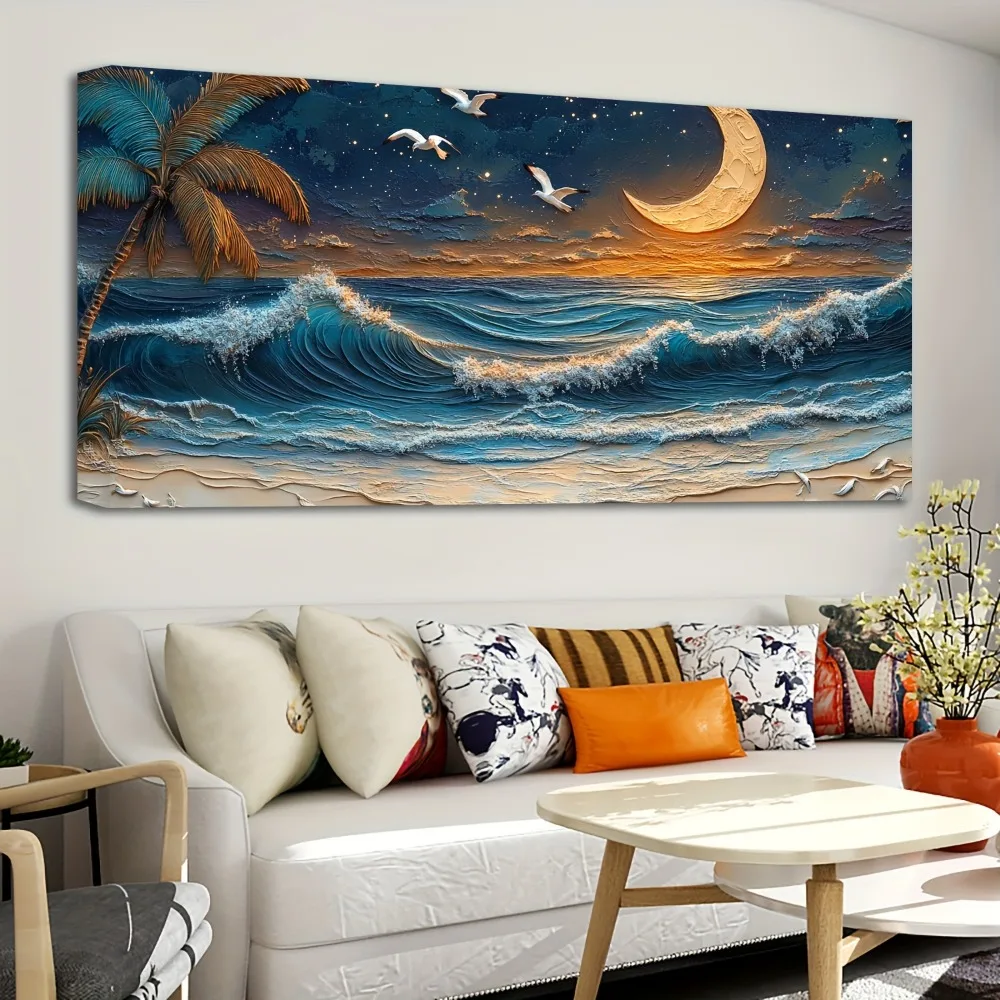 1.5 inch thick pine solid wood frame, Moon Ocean room decorated beach mural, landscape palm tree image canvas painting