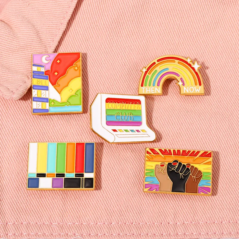 Rainbow Enamel Pins Custom LGBT Power Computer Night View Brooches Lapel Badges Cartoon Jewelry Gift for Lovers Friends