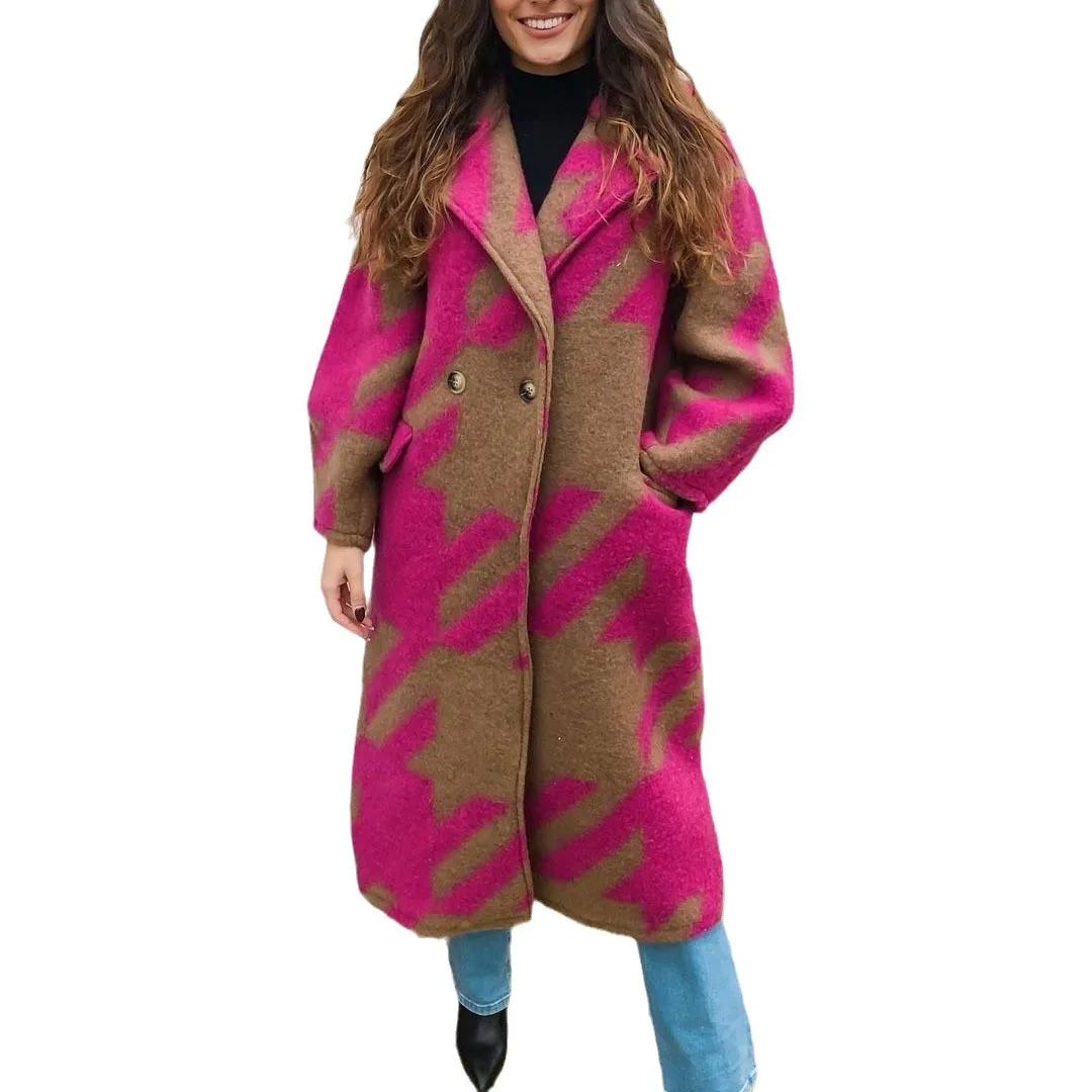 Print Wool Long Jacket Women Button Turn Down Collar Spliced Coats Blends Casual Pockets Cardigan Full Sleeve Jackets Autumn