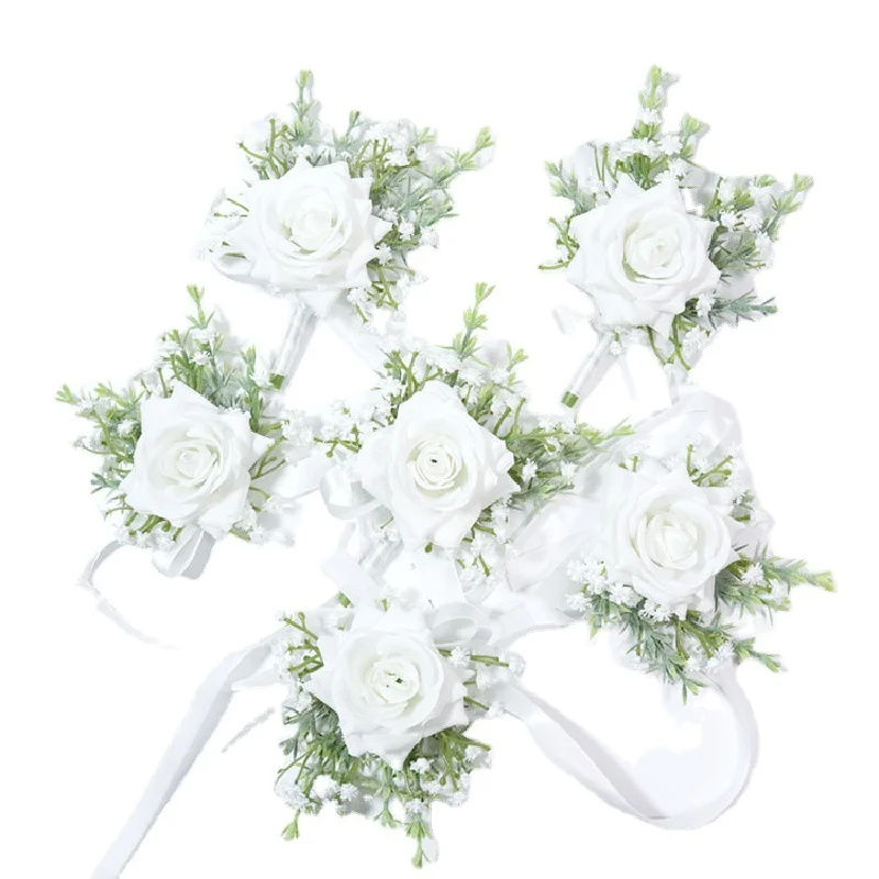 Boutonniere และข้อมือ corsag ดอกไม้งานแต่งงานศิลปะธุรกิจการเฉลิมฉลองการเปิดแขก465กุหลาบดาวสีขาว