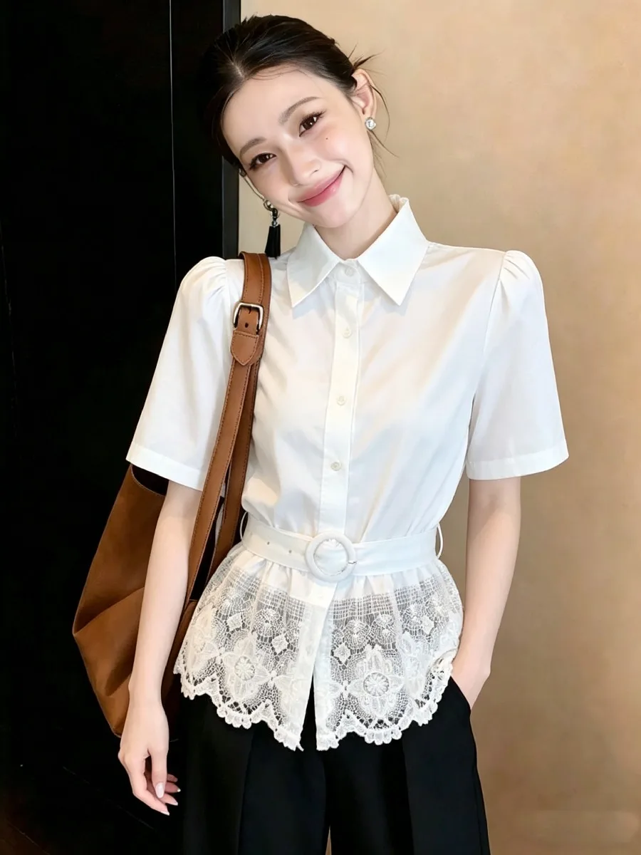 

Chic White Shirt Women's Beautiful Waist-Cinching Design Lace Hem Commute Style Korean Version Polyester Fiber Short Sleeve