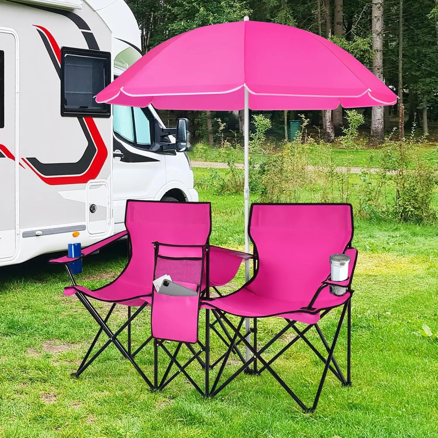 

Outdoor Folding Sunshade Lover Chair with Ice Pack Pink Double Parasol Sunscreen Fishing Chair