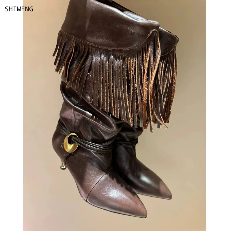 

Large Size 44 Women Retro Ethnic Western Cowboy Boots Medium Heels Tassel Fringe Knee high Boot Lady Shoes 44