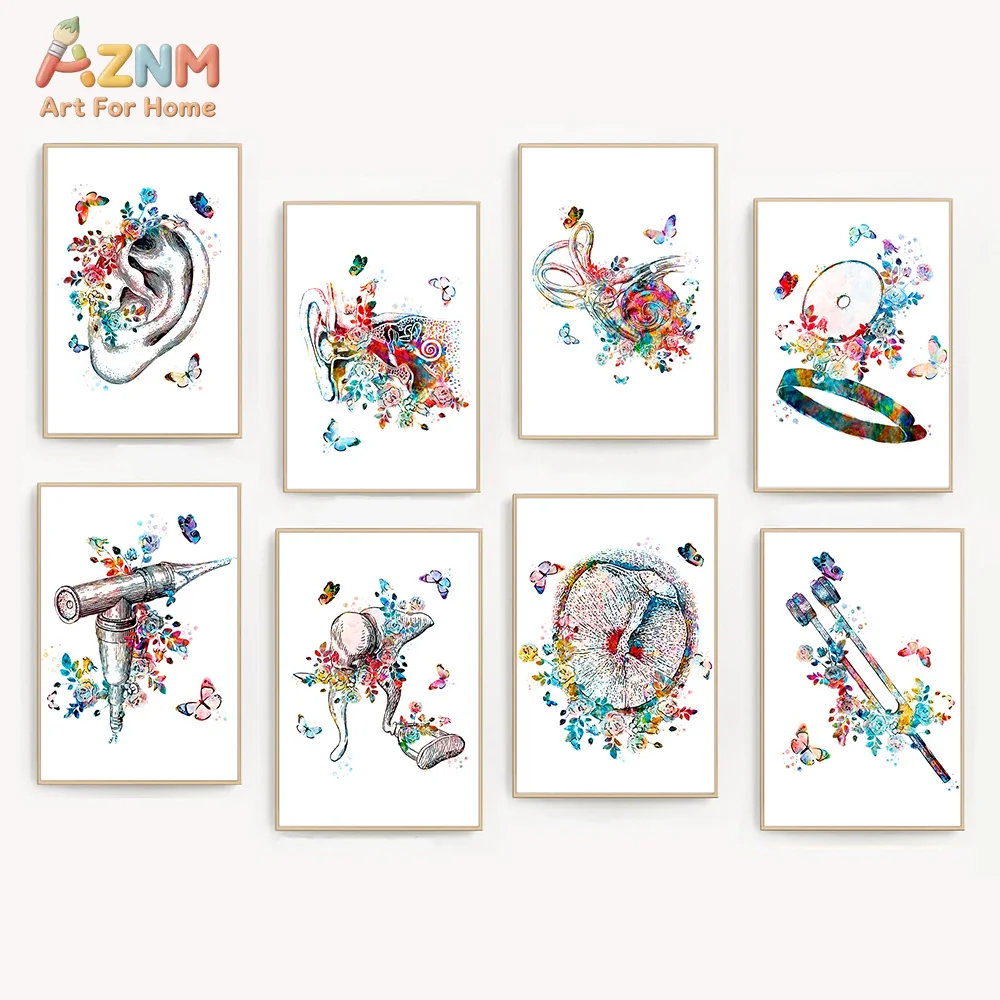 AZNM Watercolor Audiology Ear Anatomy Canvas Wall Art Colorful Floral Butterfly Hearing Instrument Clinic Decor Unframed Canvas
