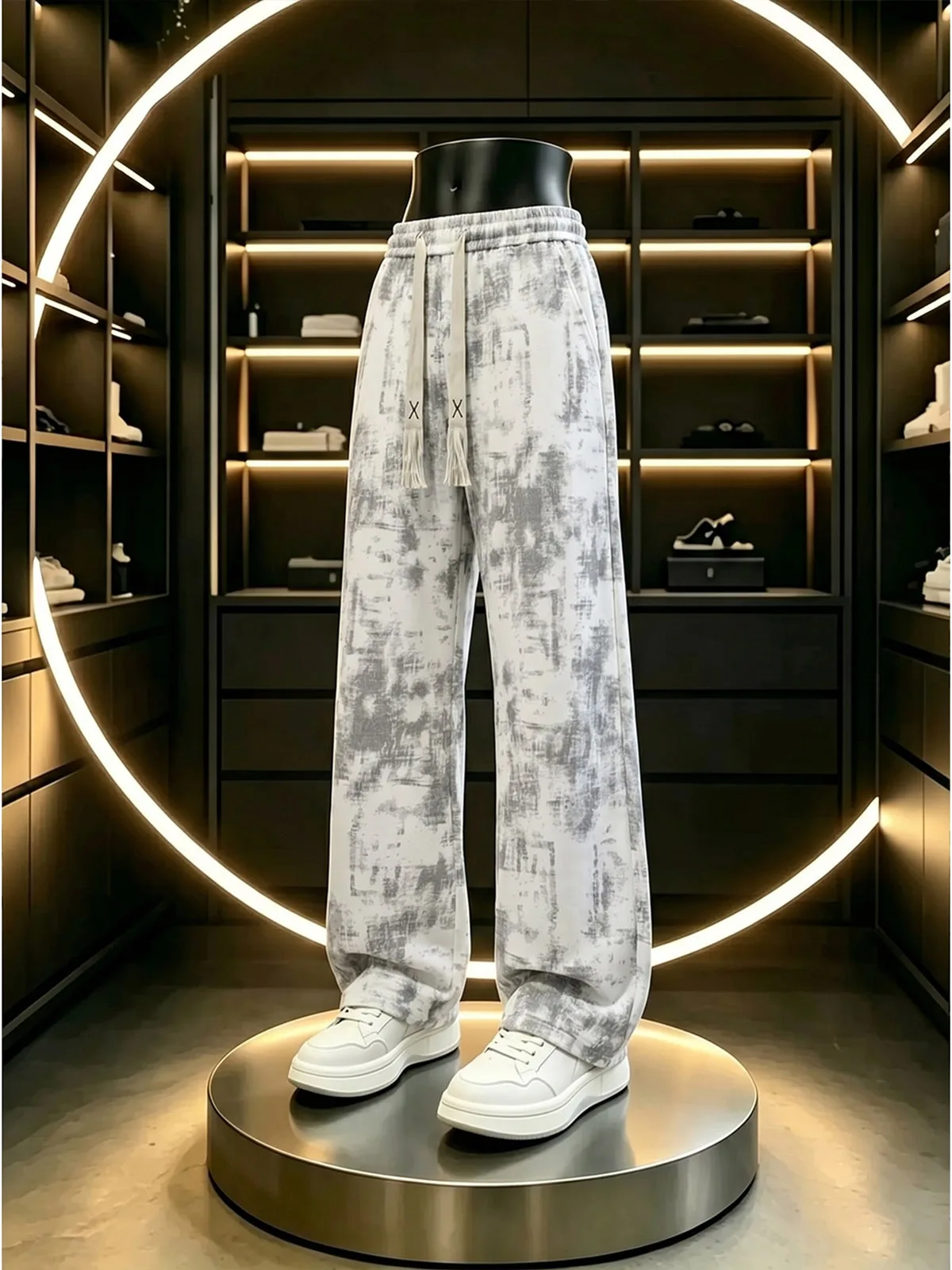 Tie-Dye Ice Silk Drawstring Casual Pants Men's Vintage Rusted Design Lightweight Breathable Drapey Straight Leg Pants