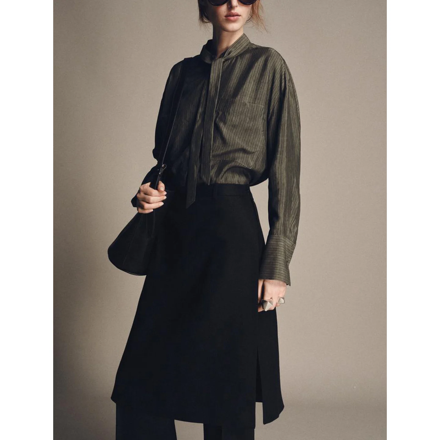 Autumn Winter New Women's Simple Sle Asymmetric Hem round Ne Long Sve ket Decor  Knot irt Polyester Fiber