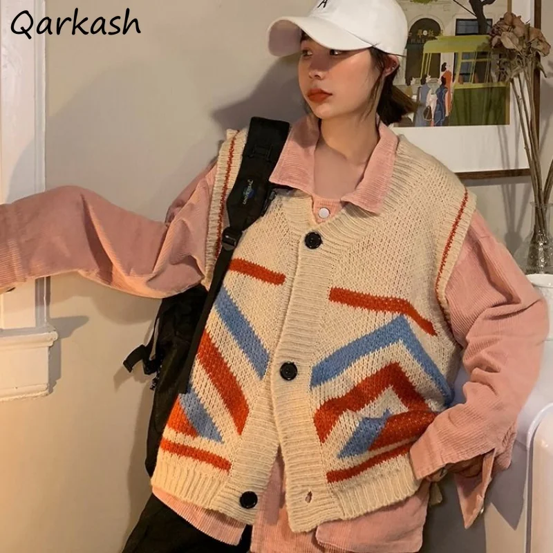 Sweater Vests Women Vintage Single Breasted Korean Style Hipster Leisure Daily Females Jumpers Couple Teenagers Stretchy Trendy