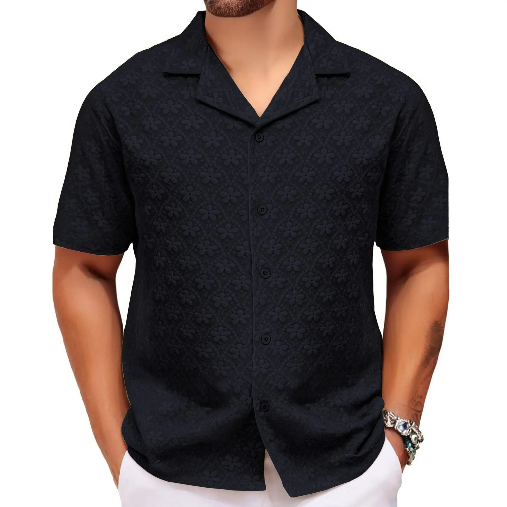 Summer Men's Casual Shirt Jacquard Fabric Lapel Short Sleeved Shirt Streetwear Men Clothing
