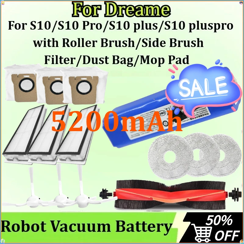 

With Roller Brush/Side Brush/Filter/Dust Bag/Mop Pad for Dreame S10/S10 Pro/S10 Plus/S10 Pluspro Robot Vacuum Battery 5200mAh