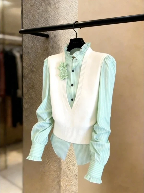 

Spring 2026 New een irt White Vest Two-Piece Set Unique Good-Looking Wooden Design Casual Sle Long Sve V-Ne