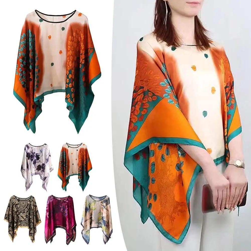 Woman Chiffon Blouse Fashion Women Scarf Shawl Printed Sunscreen Sun Protection Shawl Beach Shawl Soft Loose Bikini Cover Tops