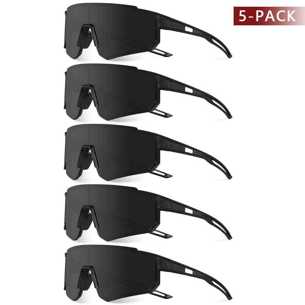 CRIXALIS 5-teilige Sport-Sonnenbrille mit extra großem Rahmen für Herren, schwarzer Rahmen, Camping-, Wander- und Fahrradbrille, entspiegelt, UV400
