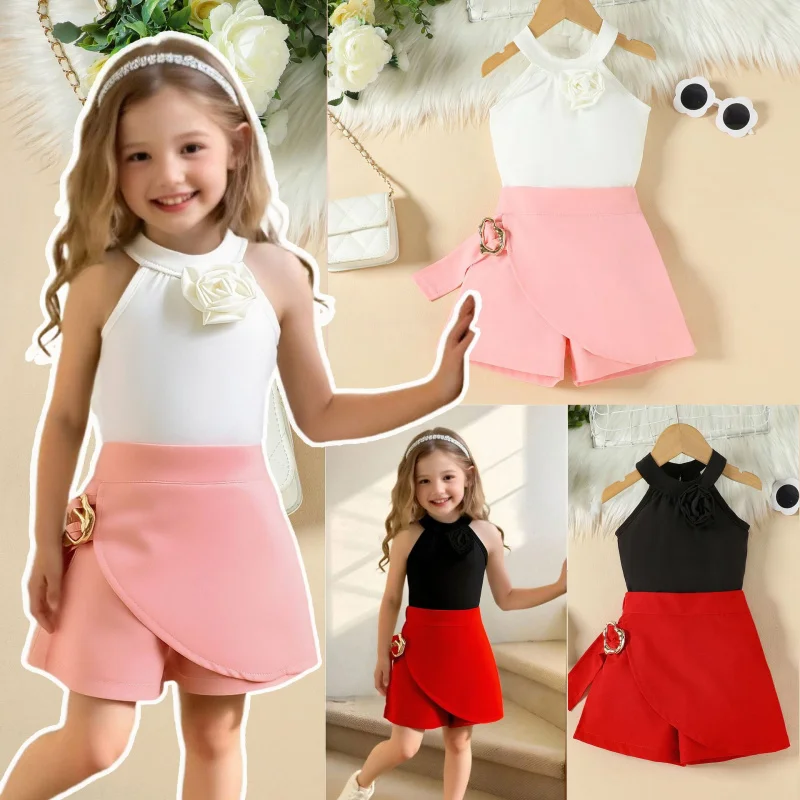 

Summer girls' outfit with three-dimensional floral halter top+Two-piece asymmetrical skirt-pants set with metal buckle decoratio
