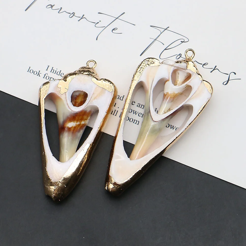 Carved Hollow Drop-shaped Natural Shell Pendant Irregular Electroplated Gold Edging Design Niche Necklace Earring Accessory 2pcs