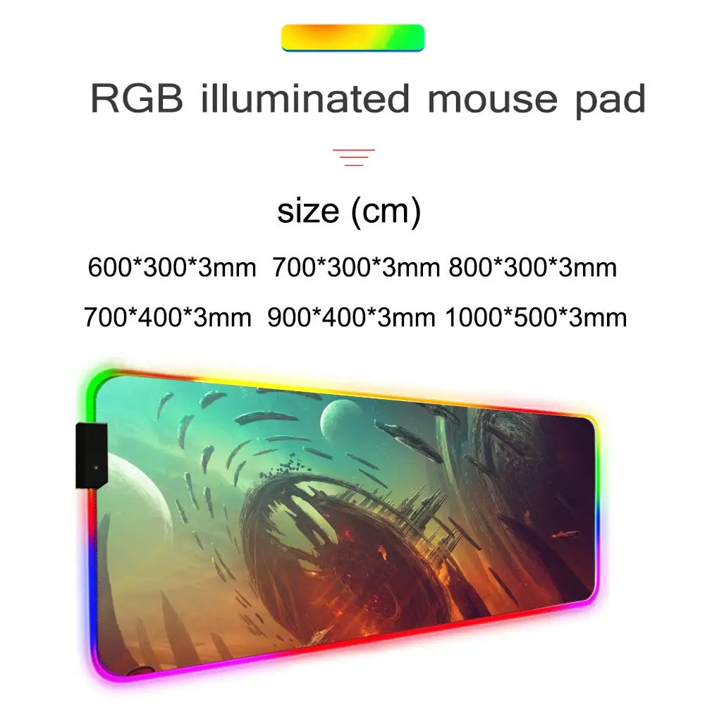 الخيال العلمي الفضاء الخارجي ماوس الوسادة RGB لوحة ماوس للألعاب كبيرة LED الوسادة الكمبيوتر حصيرة مكتبية مضيئة ماوس الوسادة كبيرة لوحة المفاتيح الحصير الجدول البساط مع