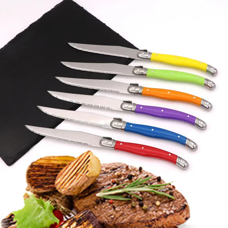 6pcs Stainless Steel Laguiole Dinner Spoon Steak Knives Fork Big Large Tablespoon set Rainbow Handle Multi Color Cutlery Cafe