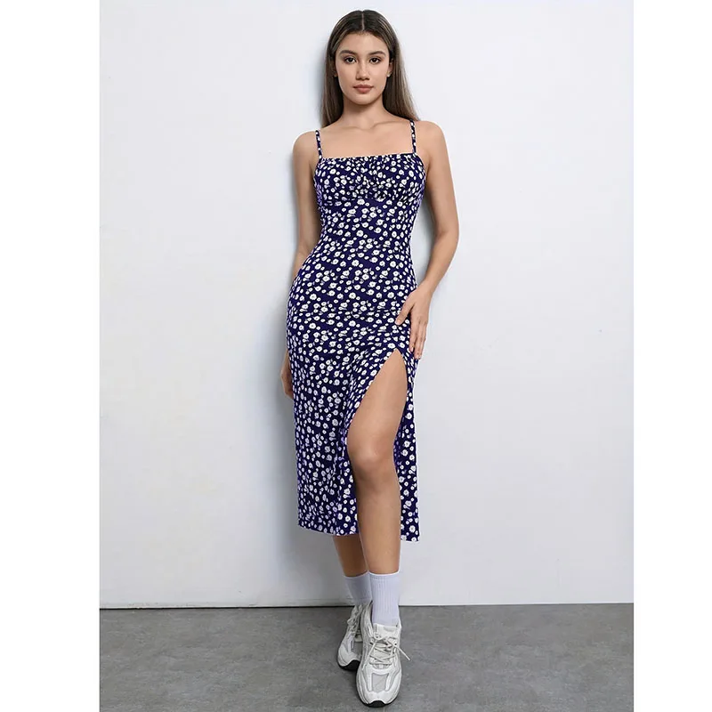 فستان مموه بطبعة زهور أوروبية وأمريكية أنيقة وفخذين