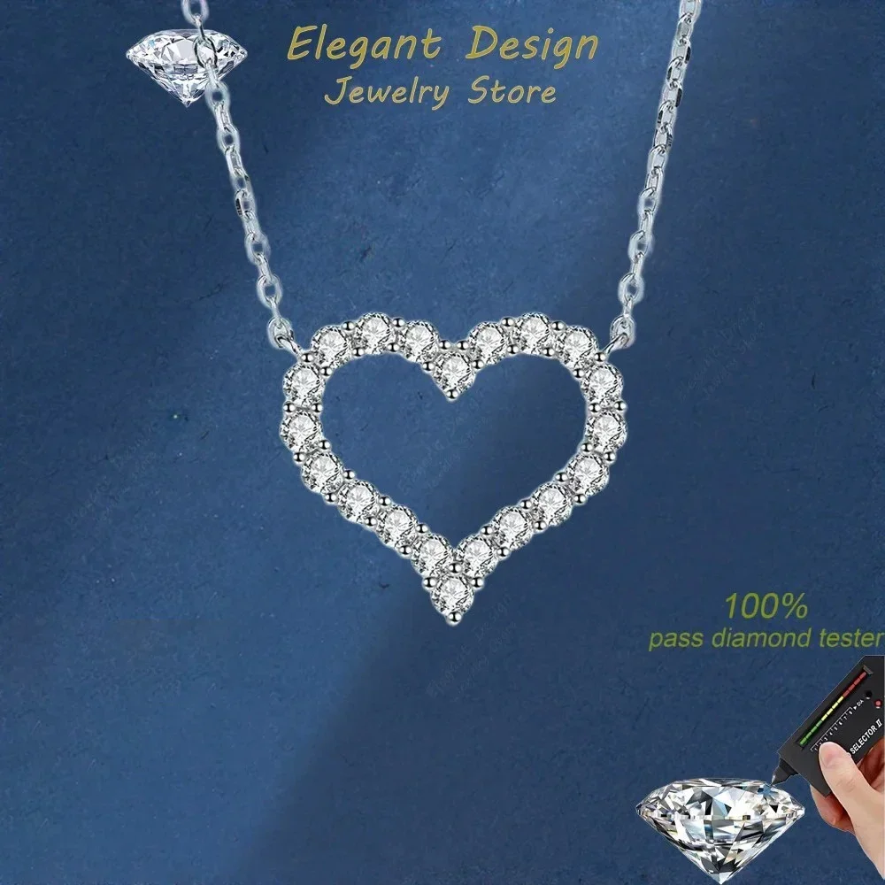 Elegant Design 0.3/0.6/1.2/2 Carat Moissanite Heart Necklace for Women, Luxury Female PT950 Platinum Pendant Chain Birthday Gift